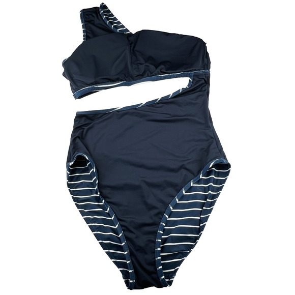 J.Crew Cutout One Piece Full Coverage Swimsuit w Buttons Navy Stripe Sz 14L $138 - Picture 12 of 14